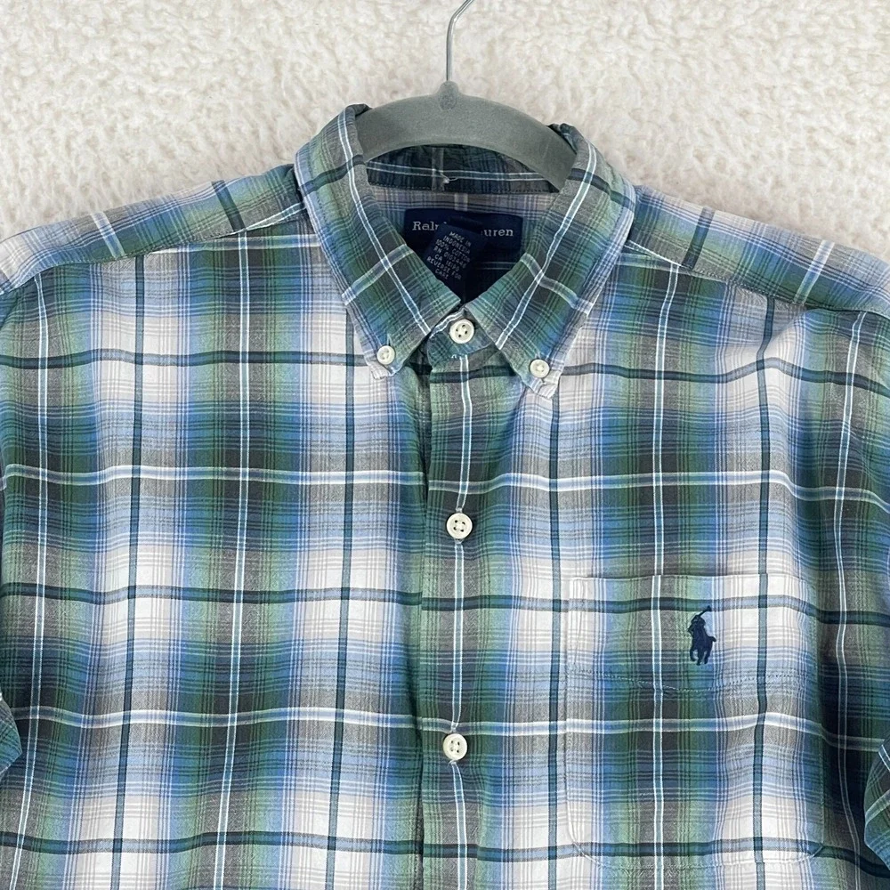 Ralph Lauren Green Blue Plaid Button-Down‎ Shirt Teen Boys Long Sleeve Size XL